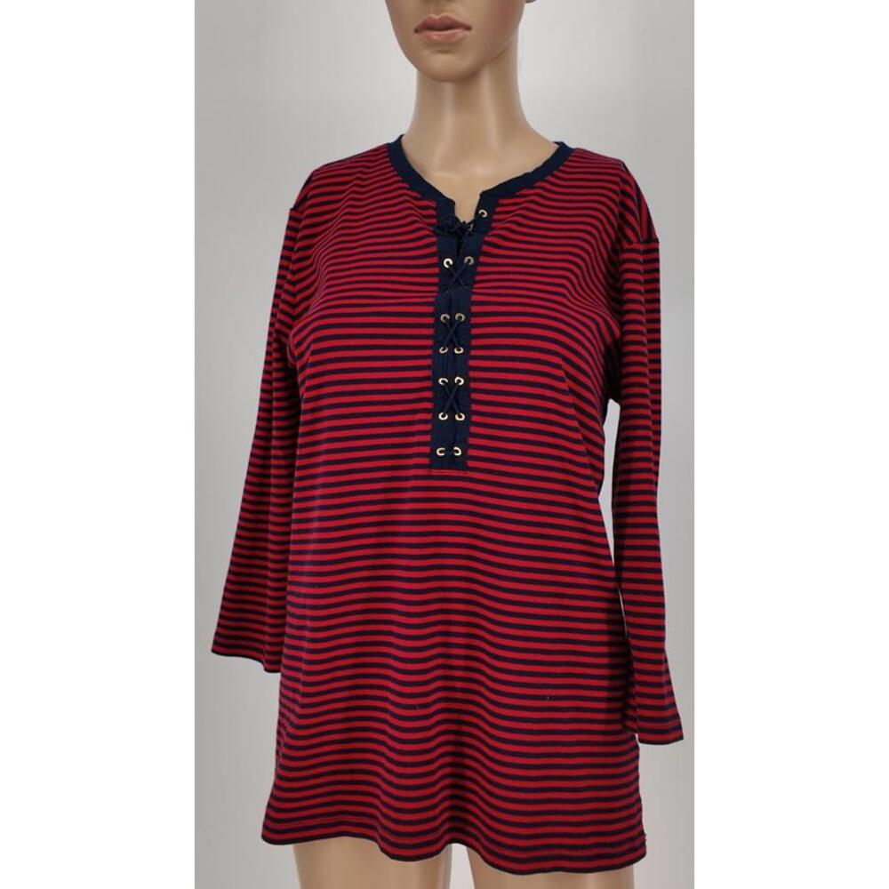 Women's Striped Long Sleeve Knit Top Lace-Up Detail Navy Red Size M Casual